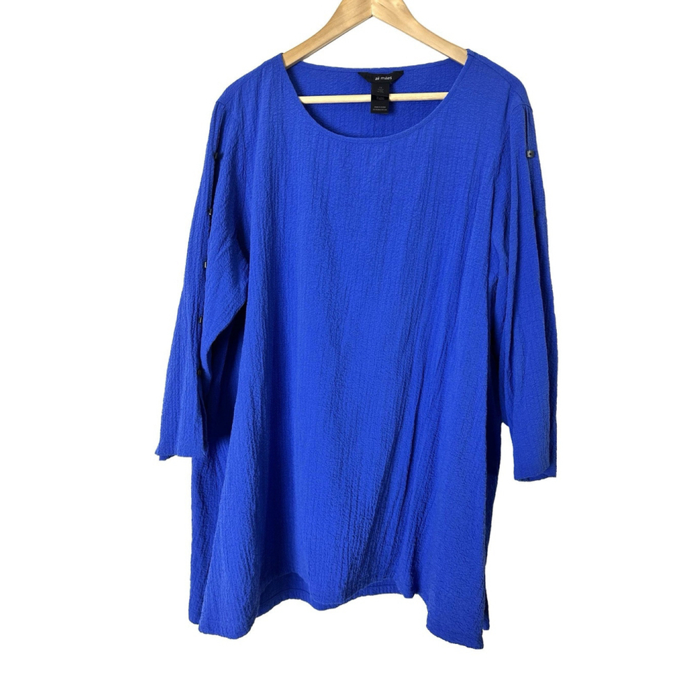 Ali Miles Tunic Top Women Plus Sz 1X Blue Lagenlook Artsy Black Button Accents